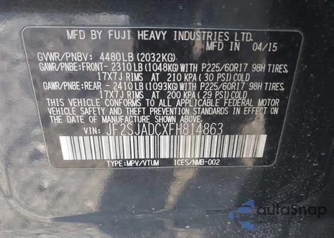 2015 Subaru Forester 2.5I Premium из США, поврежденный, VIN JF2SJADCXFH814863